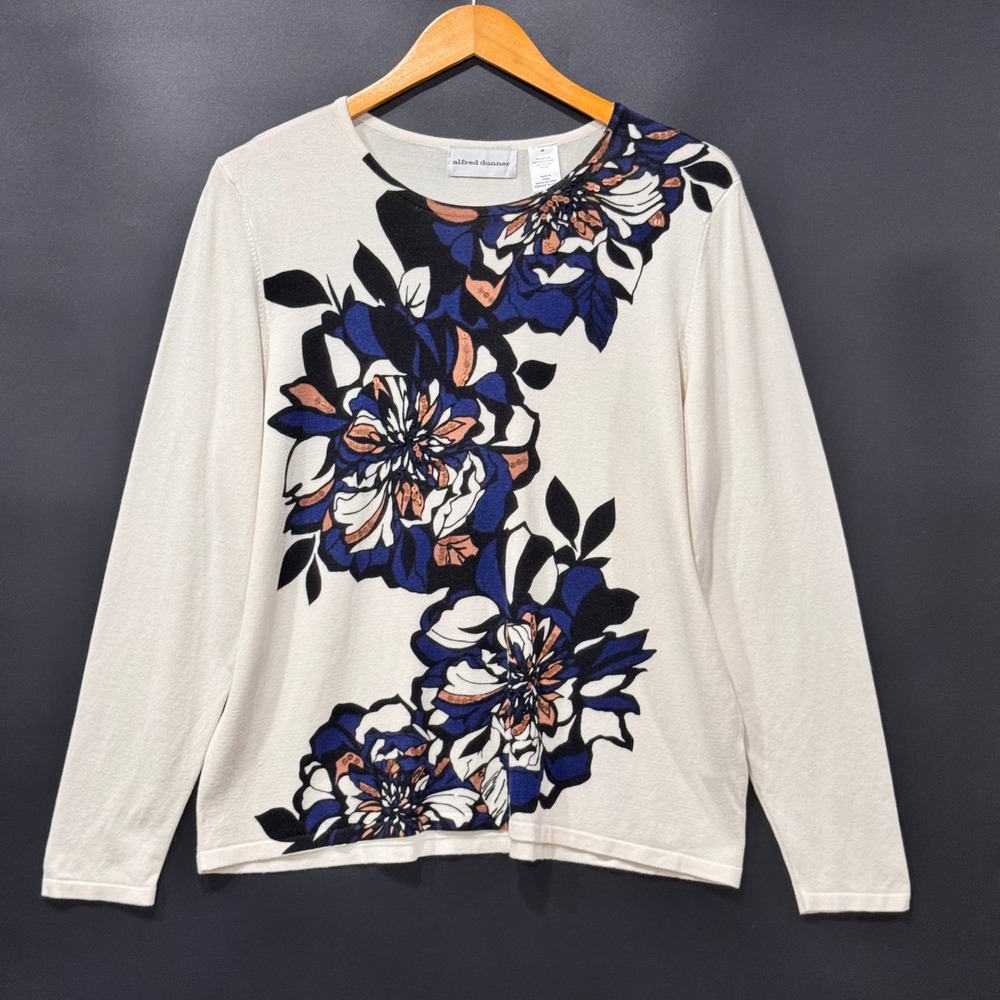 Alfred Dunner Sweater Women M White Floral Sequin Long Sleeve Quiet Luxury